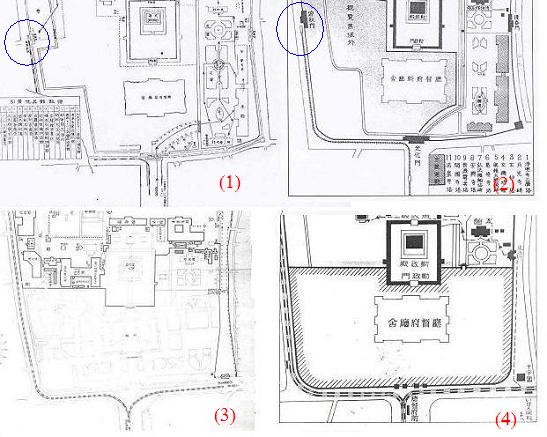 차례대로 (1) 1923년 조선부업품공진회 당시, (2)1926년초의 경복궁 배치현황, (3) 1929년 조선박람회 당시, (4) 1936년의 경복궁 배치현황이다. 처음 전차선로가 개설된 이후의 변화과정을 한눈에 엿볼 수 있다. 어쨌거나 서십자각은 전차선로의 곡선통과로 철거된 반면, 동십자각은 직선선로의 개설로 간신히 철거의 위기를 모면할 수 있었다. 